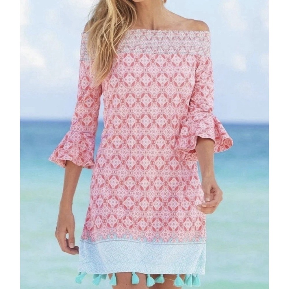 Cabana Life Coverluxe Dress XS Coral Tides Smocked Off Shoulder UPF 50+ Cover-Up